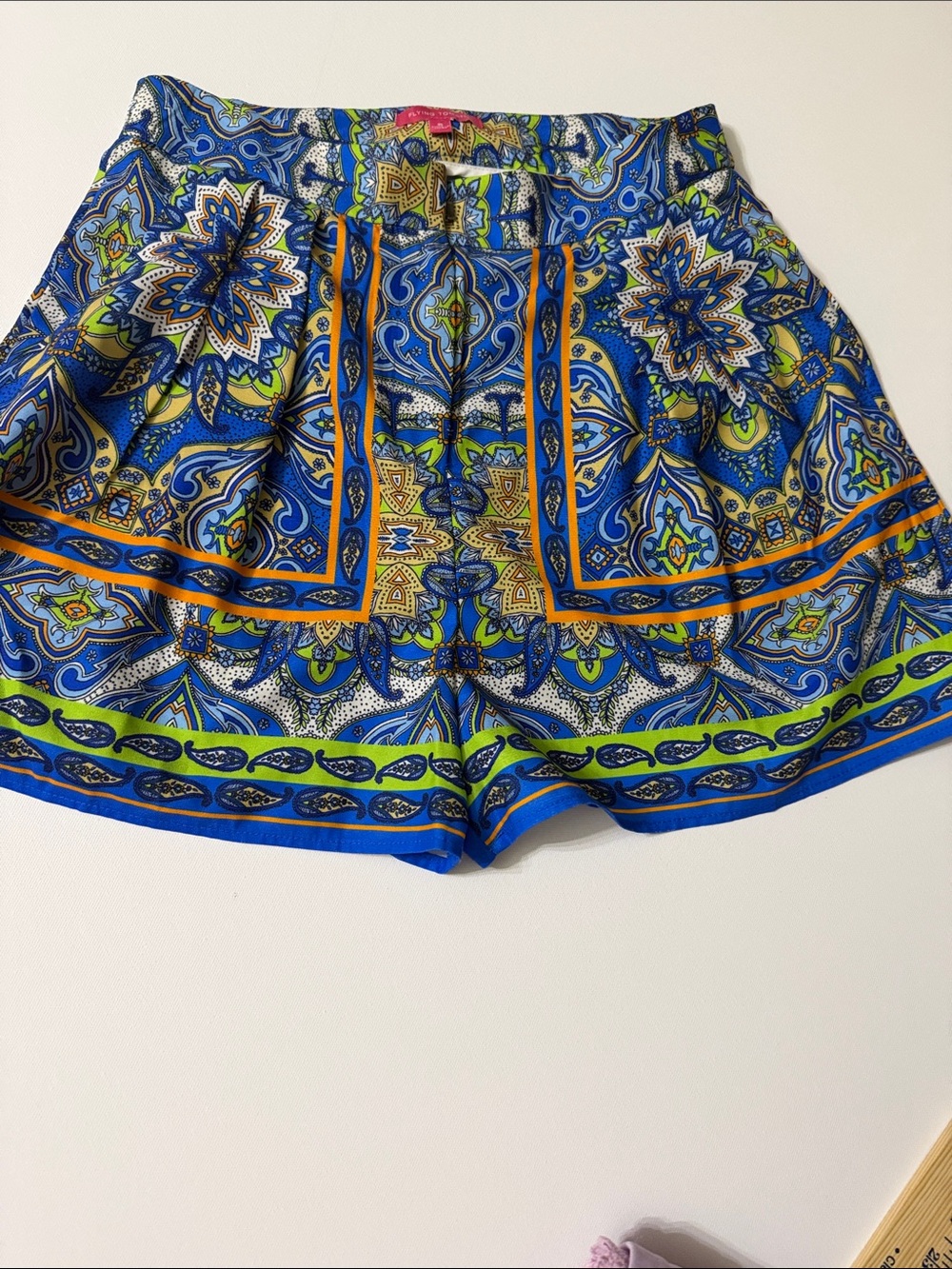 Flying Tomato Blue Paisley-Print High Waist Shorts with Orange Trim